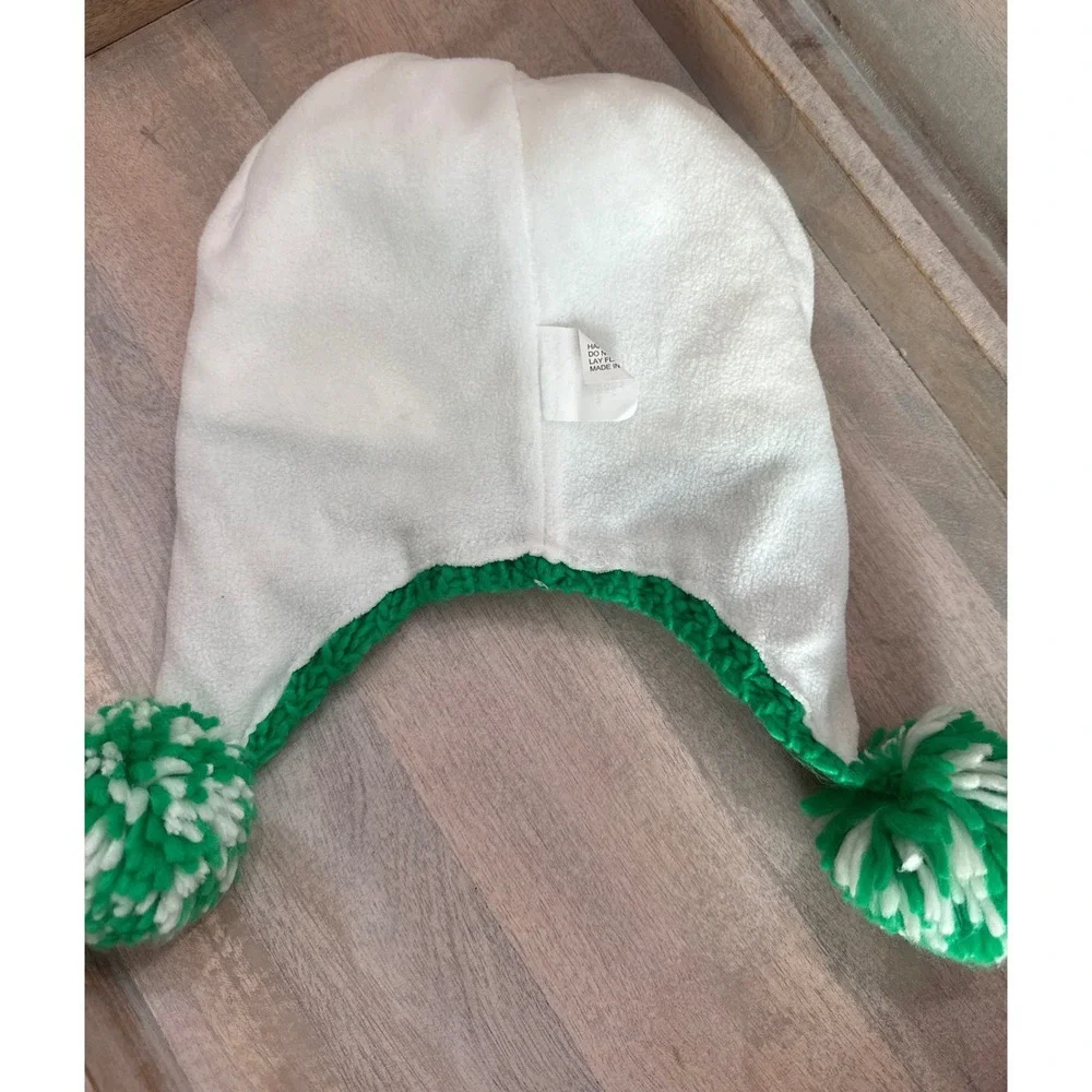 Bridgets of Erin Kids Shamrock Earflap Beanie Green White Fleece Lined Pom Hat
